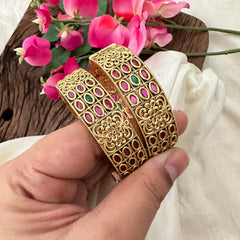 Premium Red Green Kemp Stone Bangle-Screw Type Bangles-G13400