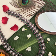 Vriksham Gold‑Tone Ruby Kemp Stone Floral Pendant Long Neckpiece-Red Green & White-Pearl-G19714