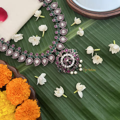 Vriksham Gold‑Tone Ruby Kemp Stone Floral Pendant Long Neckpiece-Red Green & White-Pearl-G19714