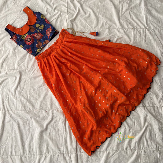 Dark Blue, Orange Indian Traditional Girls Lehenga Set -VS3750