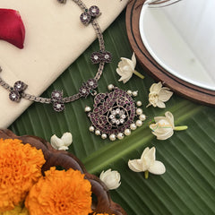 Vriksham Elegant Half Moon Black Kemp Stone Pendant Short Neckpiece-Pearl-G19717