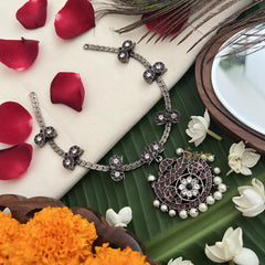 Vriksham Elegant Half Moon Black Kemp Stone Pendant Short Neckpiece-Pearl-G19717