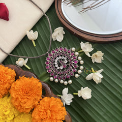 Vriksham Designer Peacock Round Black Kemp Stone Pendant Short Neckpiece-Pearl-G19718