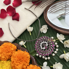 Vriksham Designer Peacock Round Black Kemp Stone Pendant Short Neckpiece-Pearl-G19718