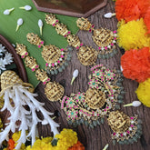 Vriksham Lakshmi Idol With Floral Kundan Jadau Long Neckpiece-Red Green & White-Green Bead-J3996