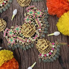 Vriksham Lakshmi Idol With Floral Kundan Jadau Long Neckpiece-Red Green & White-Green Bead-J3996