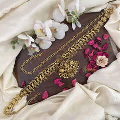 Vriksham Lakshmi With Dual Peacock Pendant Bridal Hip Chain-Gold Bead-G17631