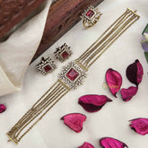 Vriksham Designer Gold Alike Square Pendant AD Stones Choker Neckpiece-Red-G20399