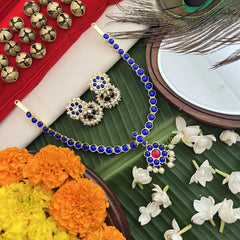 Vriksham Temple-inspired Kemp pendant necklace With dangling Pearl Fringe Neckpiece-Blue Red-G19722