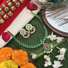 Vriksham Temple-inspired Kemp pendant necklace With dangling Pearl Fringe Neckpiece-Green Red-G19723