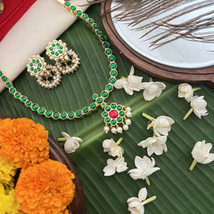 Vriksham Temple-inspired Kemp pendant necklace With dangling Pearl Fringe Neckpiece-Green Red-G19723