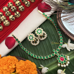 Vriksham Temple-inspired Kemp pendant necklace With dangling Pearl Fringe Neckpiece-Green Red-G19723