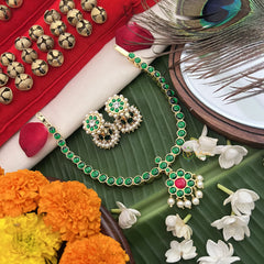 Vriksham Temple-inspired Kemp pendant necklace With dangling Pearl Fringe Neckpiece-Green Red-G19723