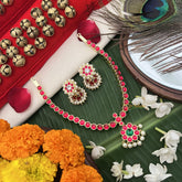 Vriksham Temple-inspired Kemp pendant necklace With dangling Pearl Fringe Neckpiece-Red Green-G19724