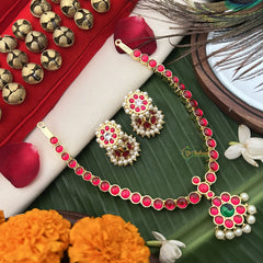 Vriksham Temple-inspired Kemp pendant necklace With dangling Pearl Fringe Neckpiece-Red Green-G19724