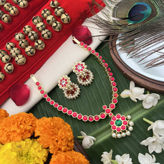 Vriksham Temple-inspired Kemp pendant necklace With dangling Pearl Fringe Neckpiece-Red Green-G19724