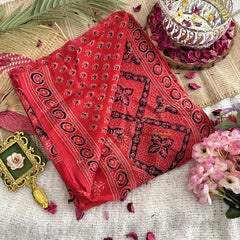 Vriksham Red Ajrakh Modal Silk Saree-VS4437