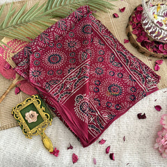 Vriksham Grape Wine Printed Ajrakh Modal Silk Saree-VS4443