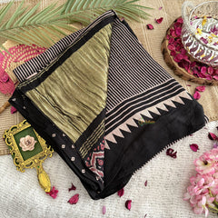 Vriksham Black Striped Print Ajrakh Modal Silk Saree-VS4440