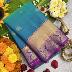 Vriksham Elegant Double Shaded Turquoise Korvai Pure Silk Saree-VS4834