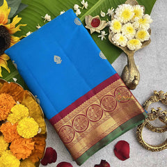 Vriksham Blue Ncs Shade With Maroon Golden Zari Border Korvai Pure Silk Saree-VS4812