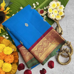 Vriksham Blue Ncs Shade With Maroon Golden Zari Border Korvai Pure Silk Saree-VS4812