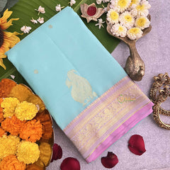 Vriksham Paled Turquoise With Light Pink Zari Border Korvai Pure Silk Saree-VS4821