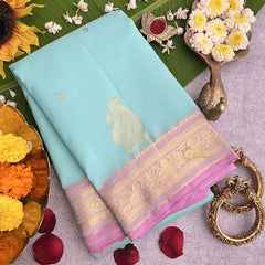 Vriksham Paled Turquoise With Light Pink Zari Border Korvai Pure Silk Saree-VS4821