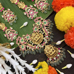 Vriksham Elegant Lakshmi Idol With Floral Kundan Jadau Long Neckpiece-Red Green & White-Green Bead-J3997