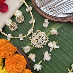 Vriksham Chand Bali Pendant White Crystal Temple With Manga Short Neckpiece-Pearl-G19727