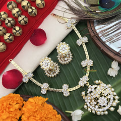 Vriksham Chand Bali Pendant White Crystal Temple With Manga Short Neckpiece-Pearl-G19727