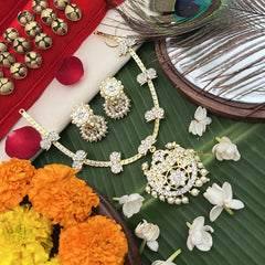 Vriksham Chand Bali Pendant White Crystal Temple With Manga Short Neckpiece-Pearl-G19727