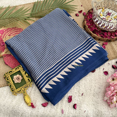 Vriksham Blue Striped Print Ajrakh Modal Silk Saree-VS4444