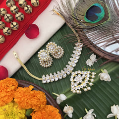 Vriksham Floral Pendant White Crystal Temple Choker Neckpiece-Pearl-G19726