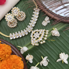 Vriksham Floral Pendant White Crystal Temple Choker Neckpiece-Pearl-G19726