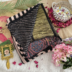 Vriksham Black & Cream Striped Print Ajrakh Modal Silk Saree-VS4445