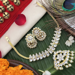 Vriksham Floral Pendant White Crystal Temple Choker Neckpiece-Pearl-G19726