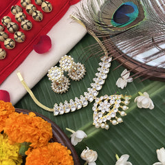 Vriksham Floral Pendant White Crystal Temple Choker Neckpiece-Pearl-G19726