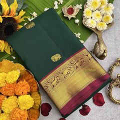 Vriksham Bottle Green With Maroon Golden Zari Korvai Pure Silk Saree-VS4827