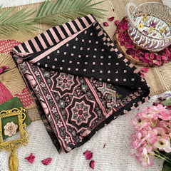 Vriksham Cream & Light Pink Striped Print Designer Ajrakh Modal Silk Saree-VS4449