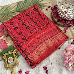 Vriksham Red Geometric Print Ajrakh Dola Silk Saree-VS4366