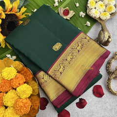 Vriksham Bottle Green With Maroon Golden Zari Korvai Pure Silk Saree-VS4827