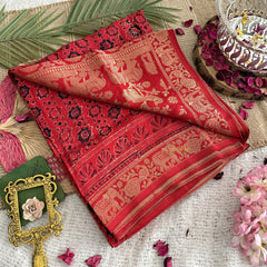 Vriksham Red Geometric Print Ajrakh Dola Silk Saree-VS4366