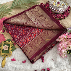 Vriksham Maroon Ajrakh Dola Silk Saree-VS4367