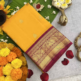 Vriksham Amber Yellow Shade With Maroon Gold Zari Korvai Pure Silk Saree-VS4816