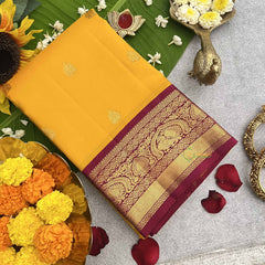 Vriksham Amber Yellow Shade With Maroon Gold Zari Korvai Pure Silk Saree-VS4816