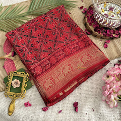 Vriksham Red Ajrakh Dola Silk Saree-VS4382