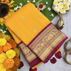 Vriksham Amber Yellow Shade With Maroon Gold Zari Korvai Pure Silk Saree-VS4816