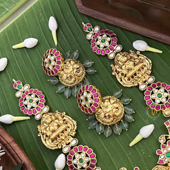 Vriksham Premium Lakshmi Idol With Floral Kundan Jadau Chakri Long Neckpiece-Red Green & White-Green Bead-J3998