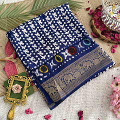 Vriksham Bandhani Style Indigo Ajrakh Dola Silk Saree-VS4365